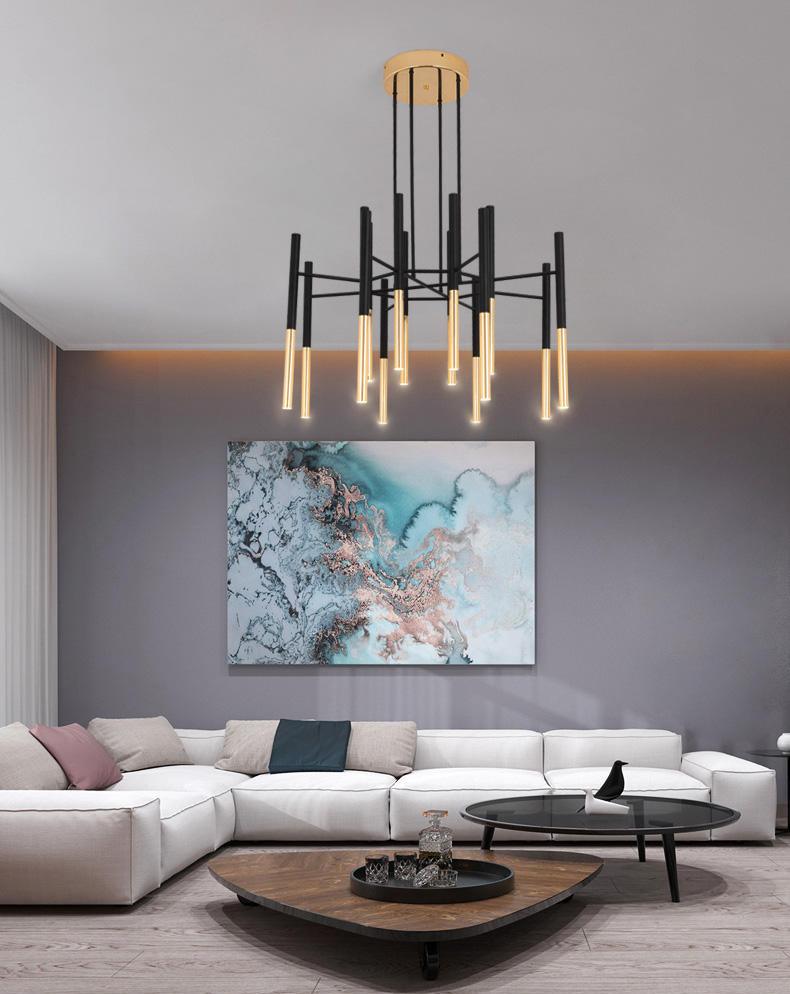 Modern Metal Tubular Chandelier with Multi Directional LED Lighting in Black and Gold