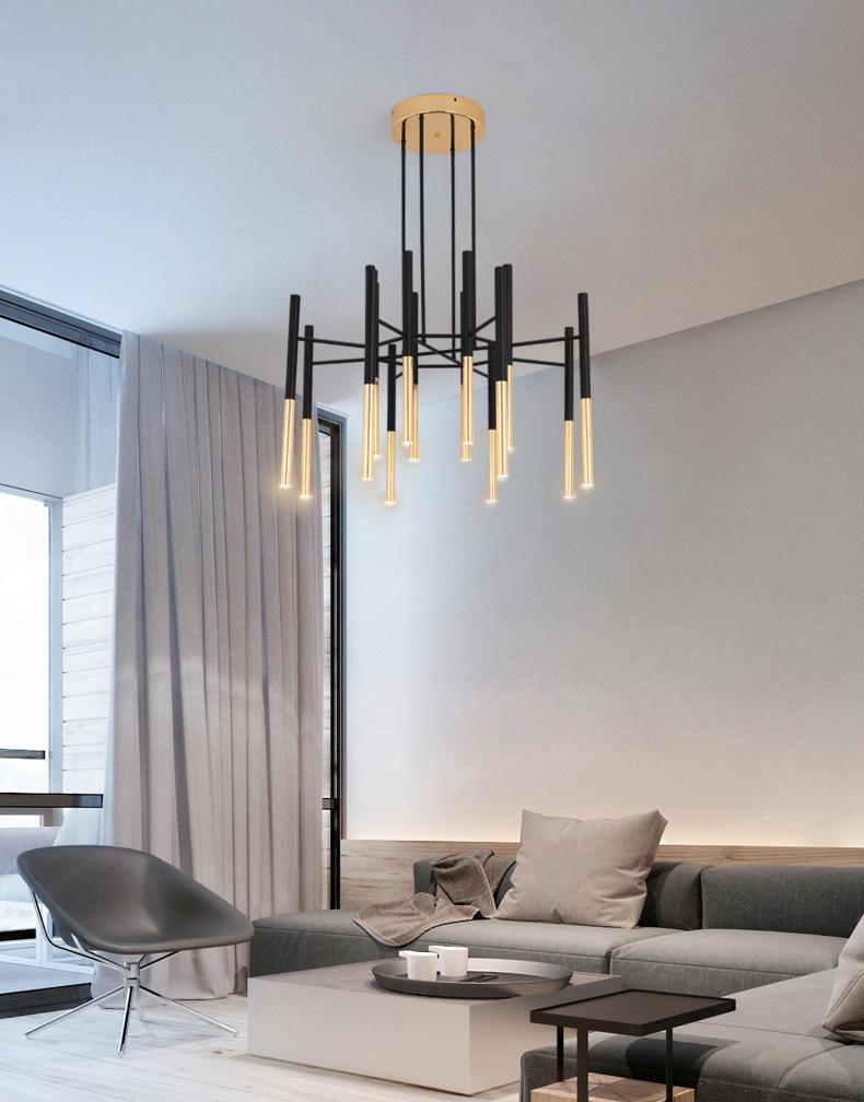 Modern Metal Tubular Chandelier with Multi Directional LED Lighting in Black and Gold