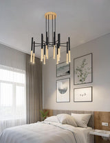 Modern Metal Tubular Chandelier with Multi Directional LED Lighting in Black and Gold