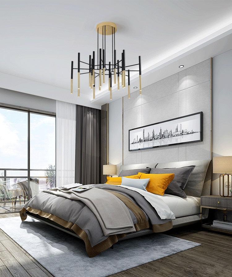 Modern Metal Tubular Chandelier with Multi Directional LED Lighting in Black and Gold
