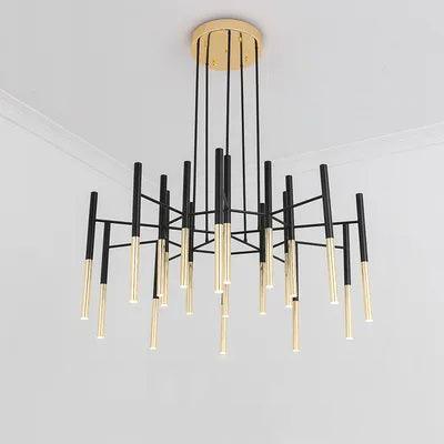 Modern Metal Tubular Chandelier with Multi Directional LED Lighting in Black and Gold