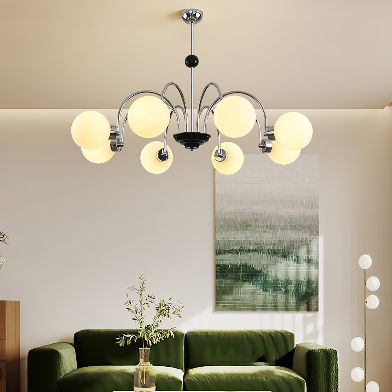 modern-mid-century-glass-globe-chandelier-with-metal-rod-frame-and-white-opal-shades