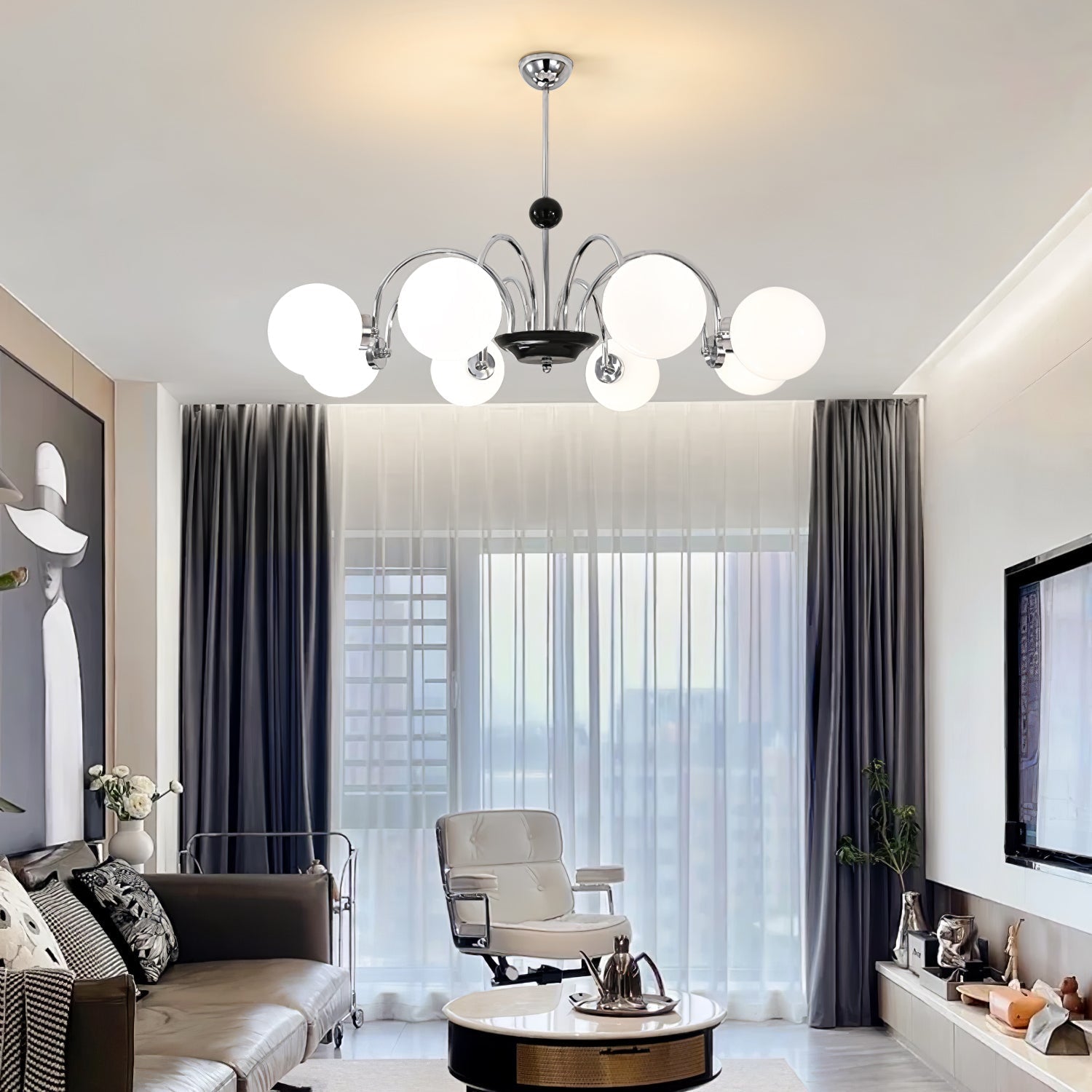 modern-mid-century-glass-globe-chandelier-with-metal-rod-frame-and-white-opal-shades