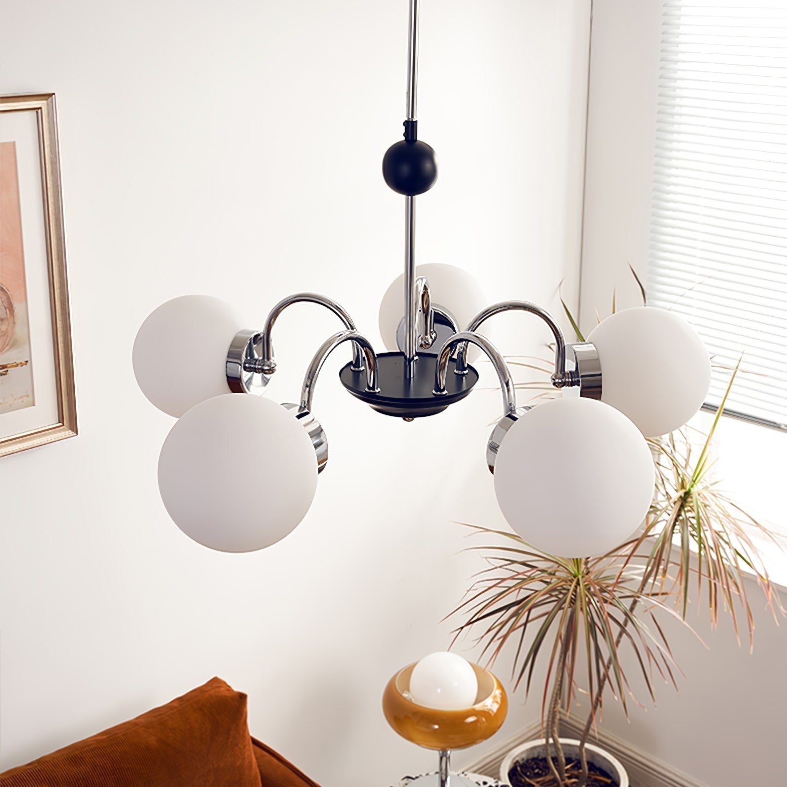 modern-mid-century-glass-globe-chandelier-with-metal-rod-frame-and-white-opal-shades