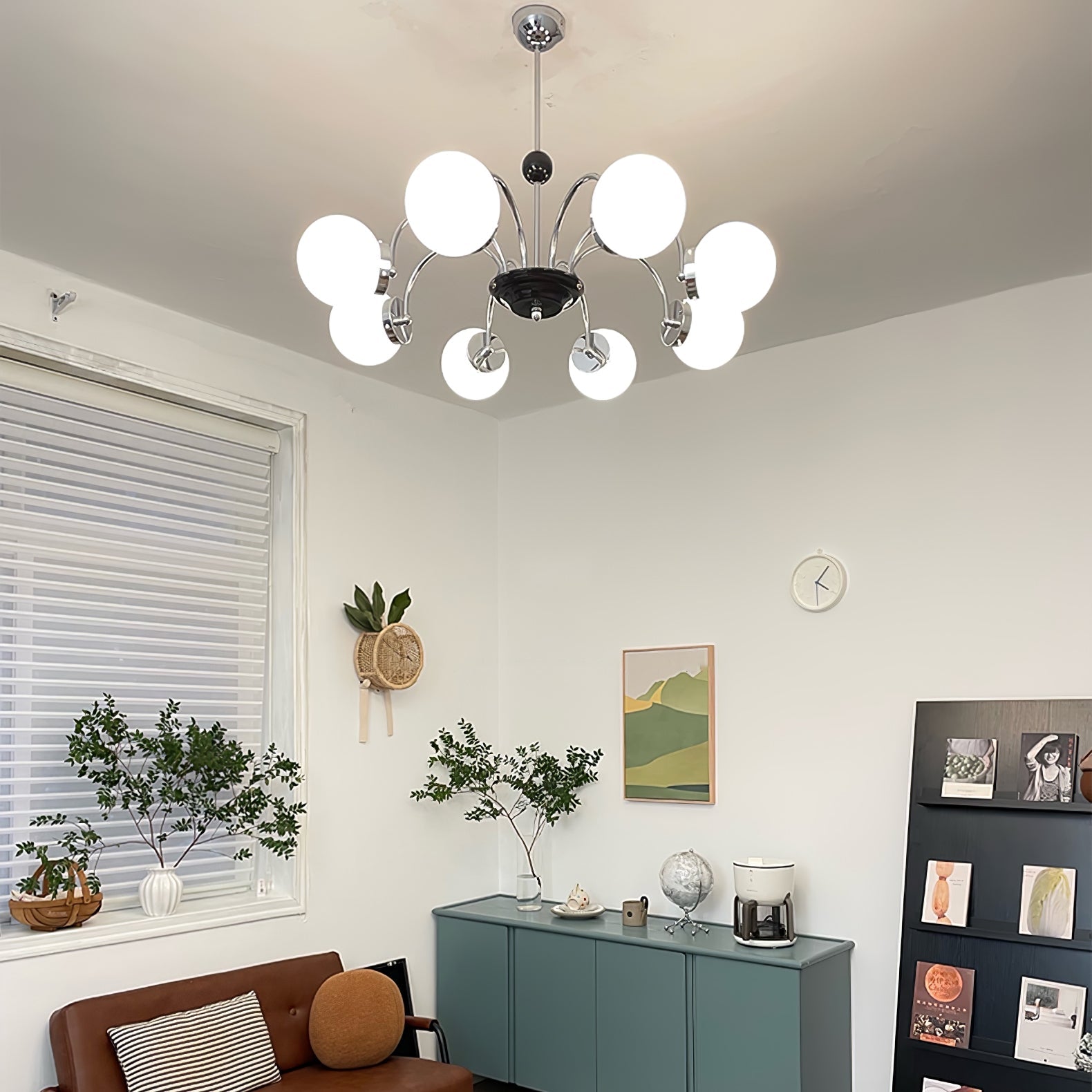 modern-mid-century-glass-globe-chandelier-with-metal-rod-frame-and-white-opal-shades