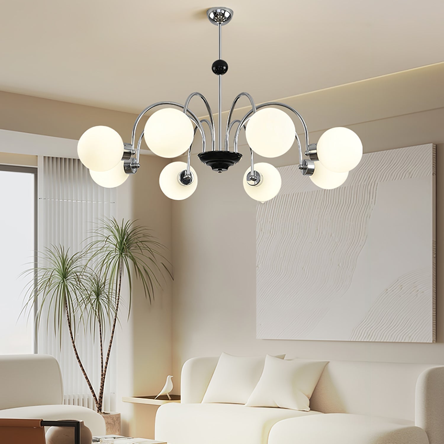 modern-mid-century-glass-globe-chandelier-with-metal-rod-frame-and-white-opal-shades