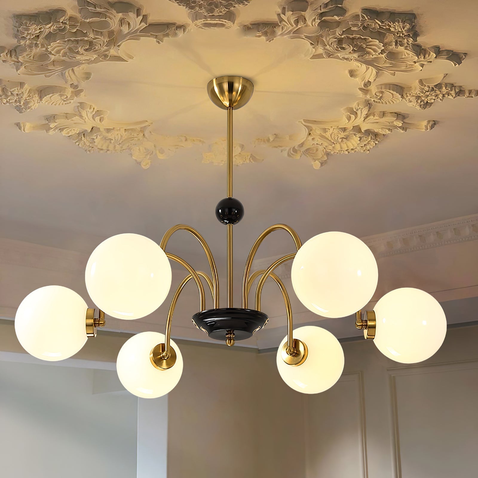 modern-mid-century-glass-globe-chandelier-with-metal-rod-frame-and-white-opal-shades