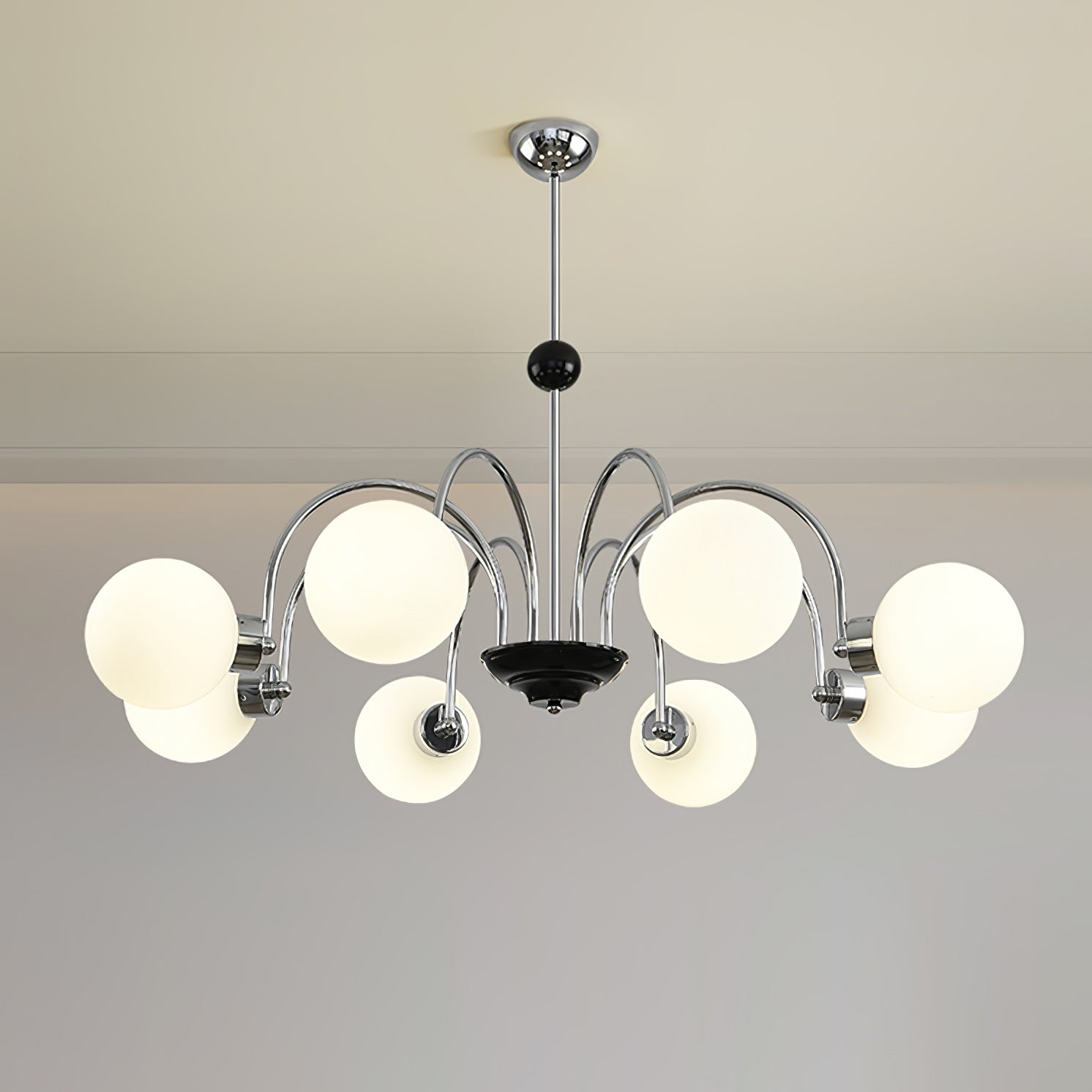 modern-mid-century-glass-globe-chandelier-with-metal-rod-frame-and-white-opal-shades