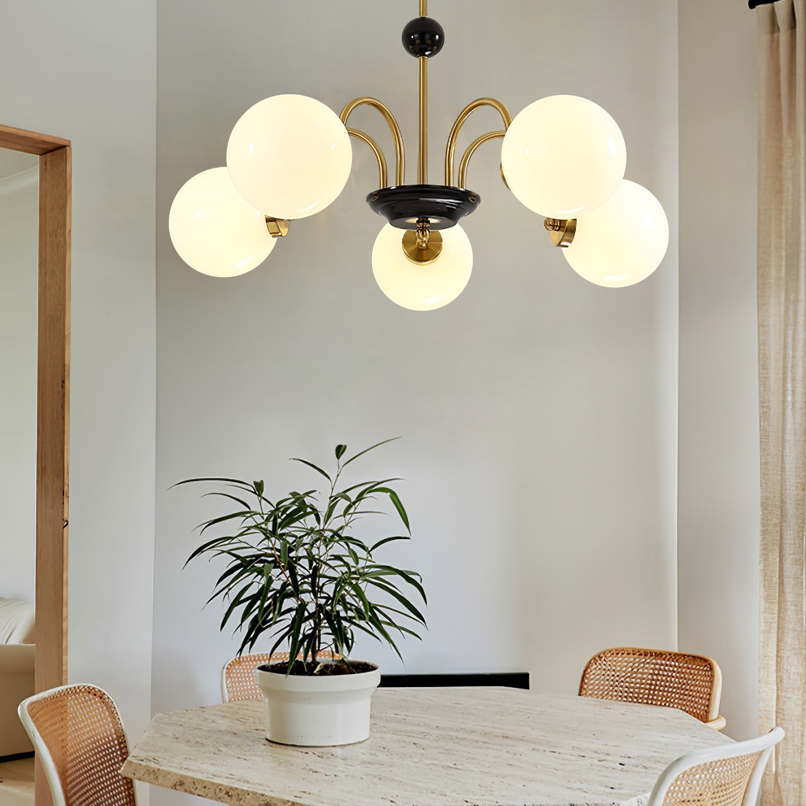 modern-mid-century-glass-globe-chandelier-with-metal-rod-frame-and-white-opal-shades