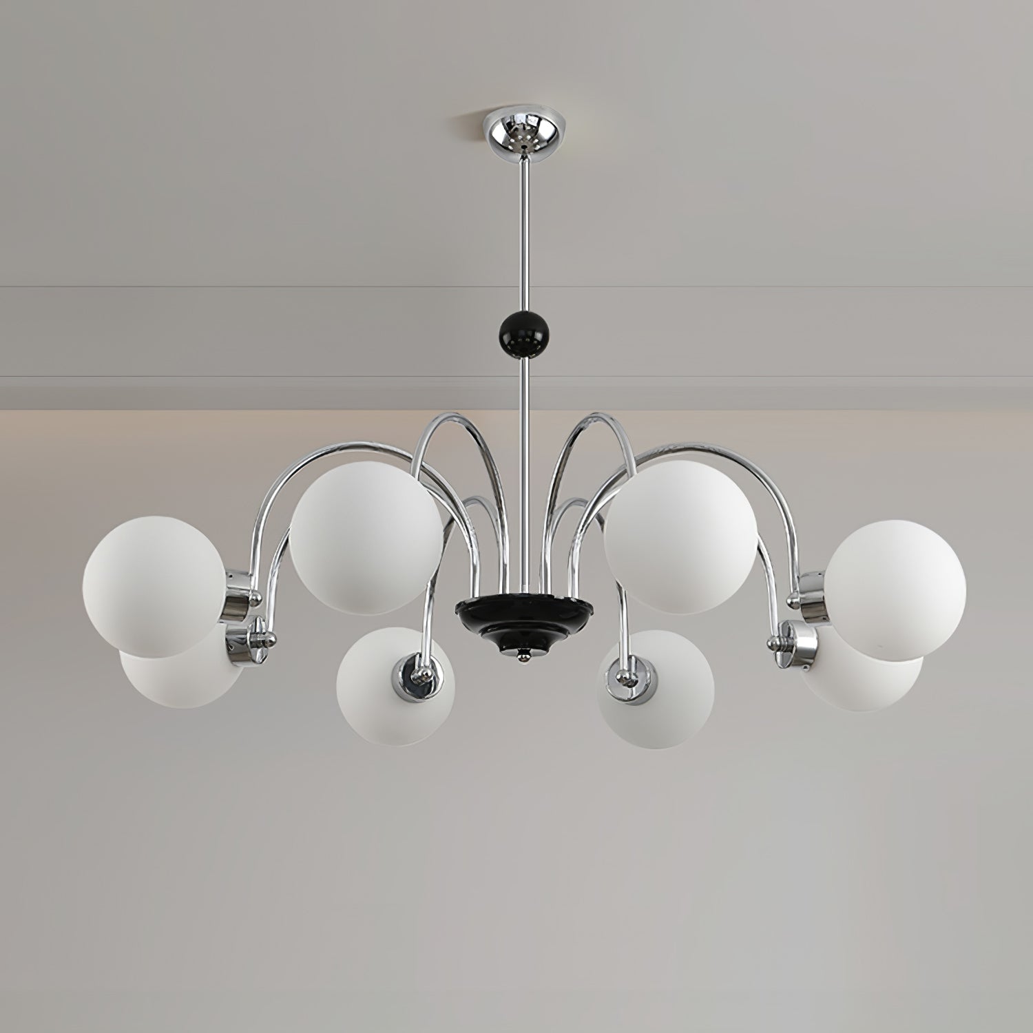 modern-mid-century-glass-globe-chandelier-with-metal-rod-frame-and-white-opal-shades
