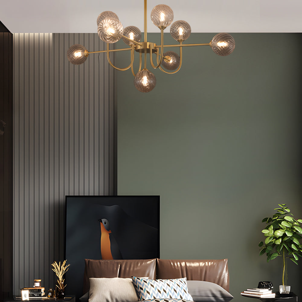 Modern Mid Century Sputnik Chandelier with Amber Glass Globes and Vintage Brass Finish