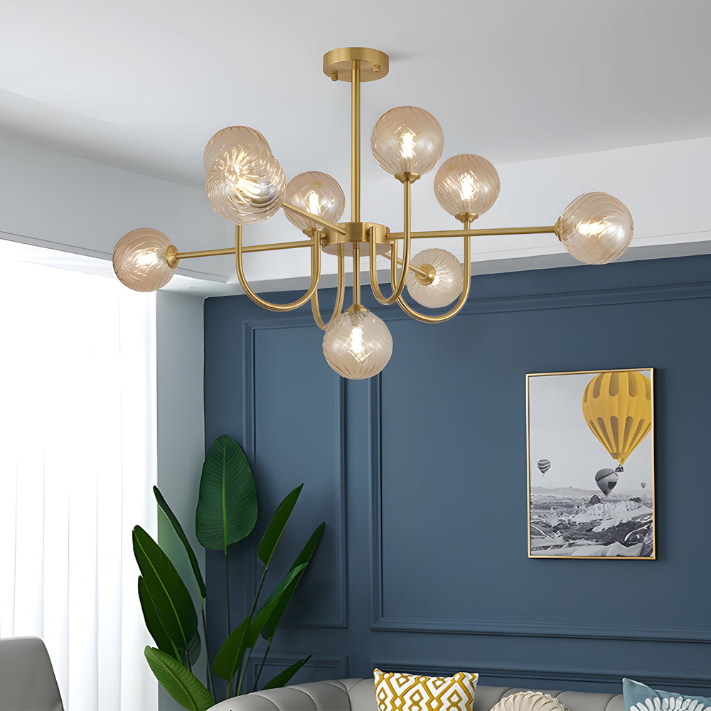 Modern Mid Century Sputnik Chandelier with Amber Glass Globes and Vintage Brass Finish