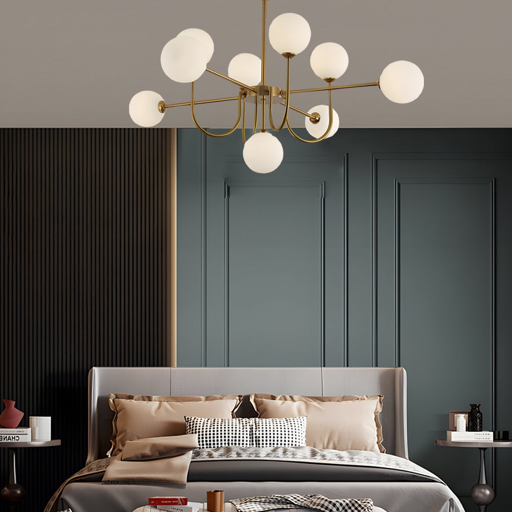 Modern Mid Century Sputnik Chandelier with Amber Glass Globes and Vintage Brass Finish