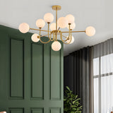 Modern Mid Century Sputnik Chandelier with Amber Glass Globes and Vintage Brass Finish