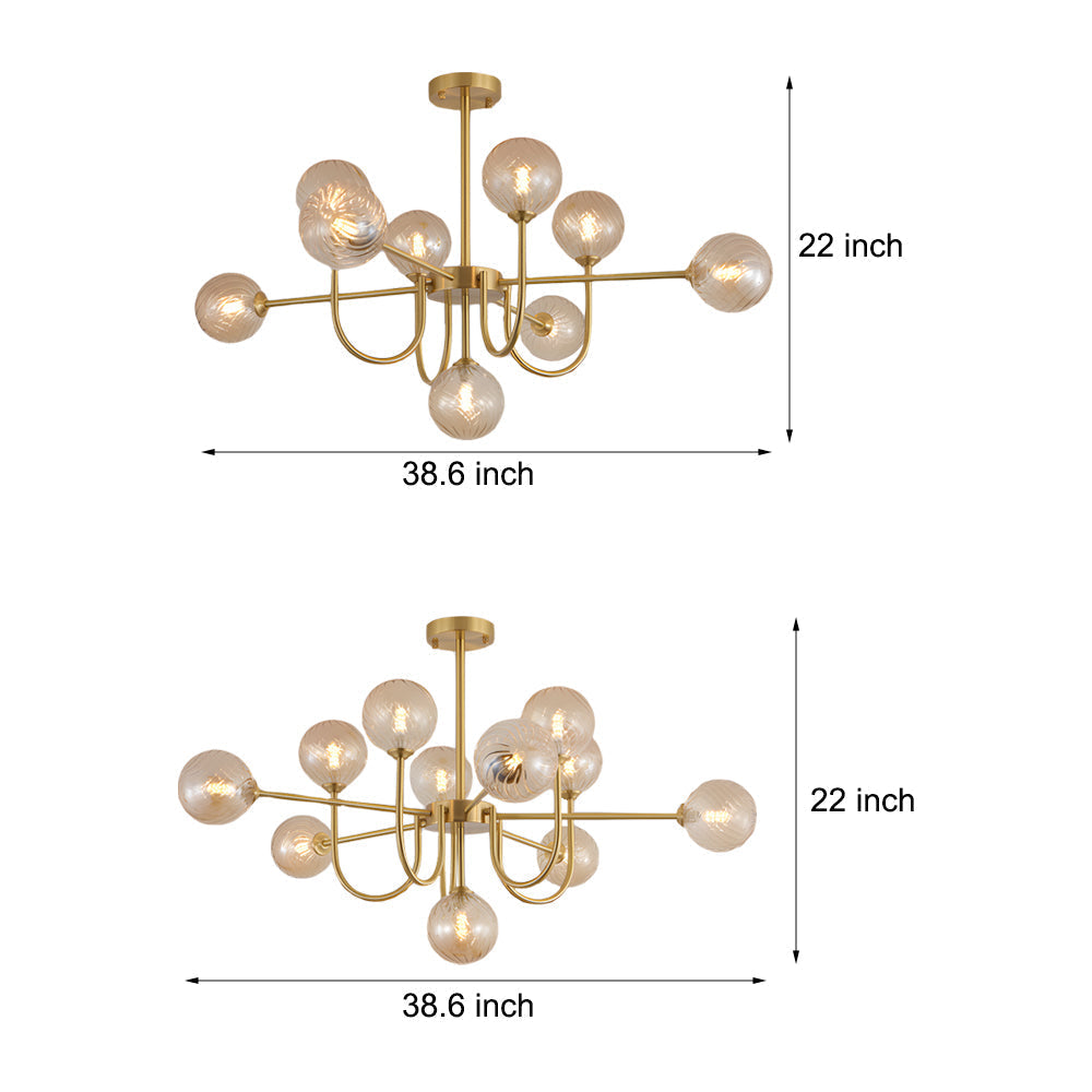 Modern Mid Century Sputnik Chandelier with Amber Glass Globes and Vintage Brass Finish