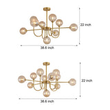 Modern Mid Century Sputnik Chandelier with Amber Glass Globes and Vintage Brass Finish