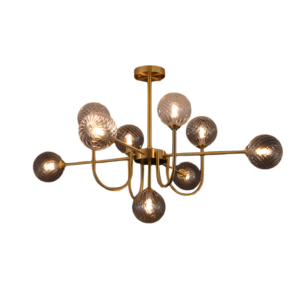 Modern Mid Century Sputnik Chandelier with Amber Glass Globes and Vintage Brass Finish