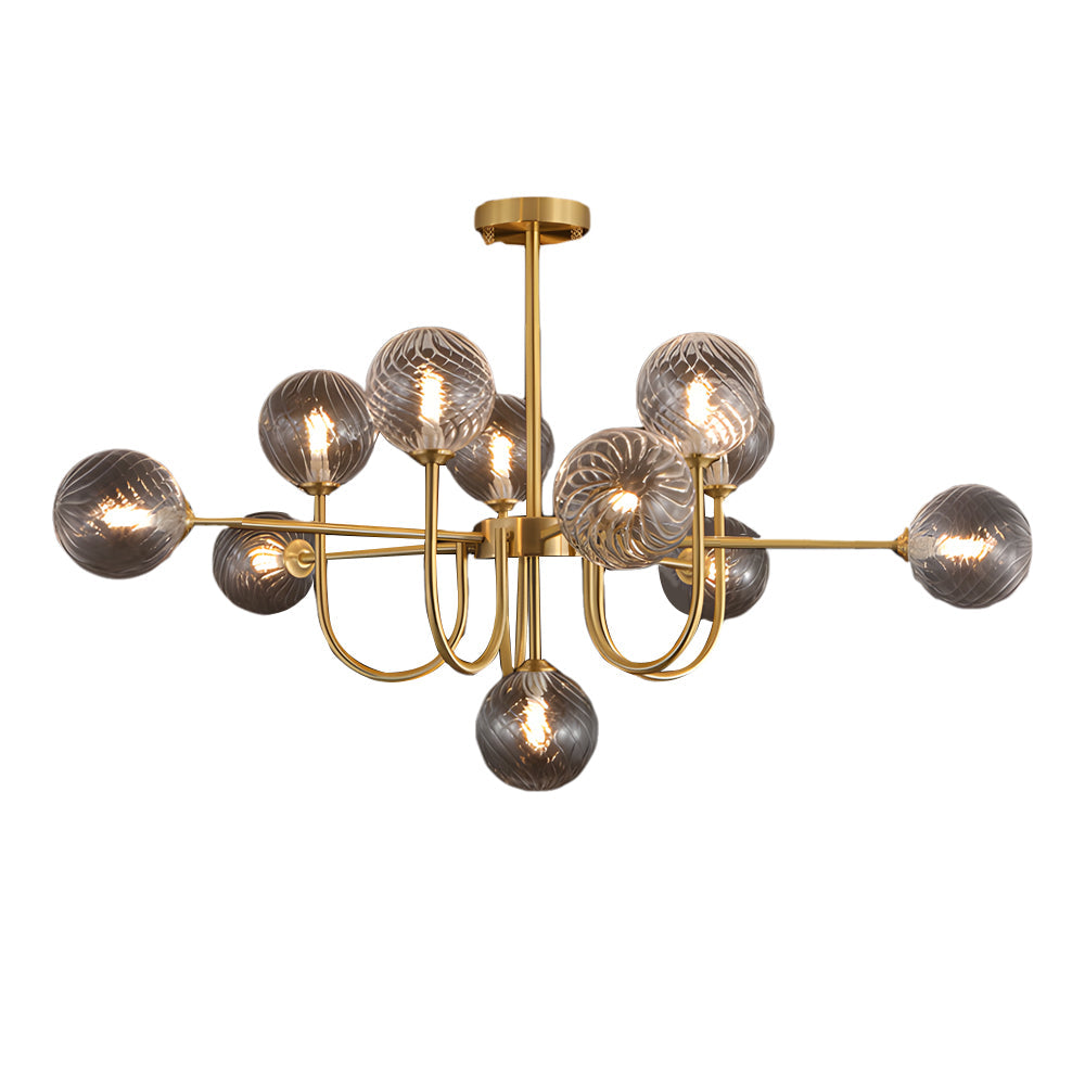 Modern Mid Century Sputnik Chandelier with Amber Glass Globes and Vintage Brass Finish