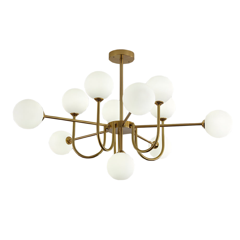 Modern Mid Century Sputnik Chandelier with Amber Glass Globes and Vintage Brass Finish