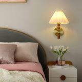 Modern Mid Century Walnut Wood Wall Sconce with Pleated White Linen Shade