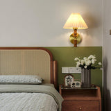 Modern Mid Century Walnut Wood Wall Sconce with Pleated White Linen Shade