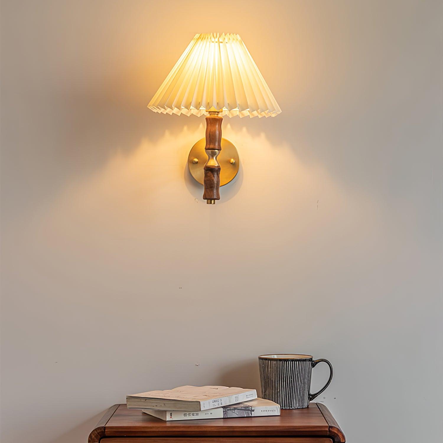 Modern Mid Century Walnut Wood Wall Sconce with Pleated White Linen Shade