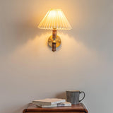 Modern Mid Century Walnut Wood Wall Sconce with Pleated White Linen Shade