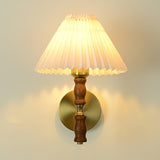 Modern Mid Century Walnut Wood Wall Sconce with Pleated White Linen Shade