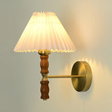 Modern Mid Century Walnut Wood Wall Sconce with Pleated White Linen Shade