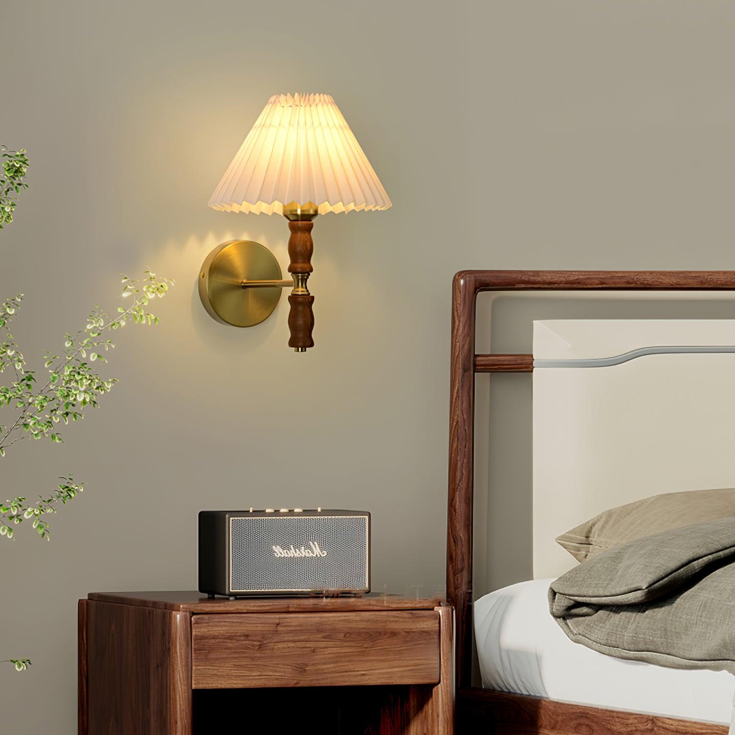 Modern Mid Century Walnut Wood Wall Sconce with Pleated White Linen Shade