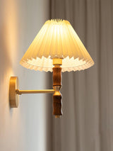 Modern Mid Century Walnut Wood Wall Sconce with Pleated White Linen Shade