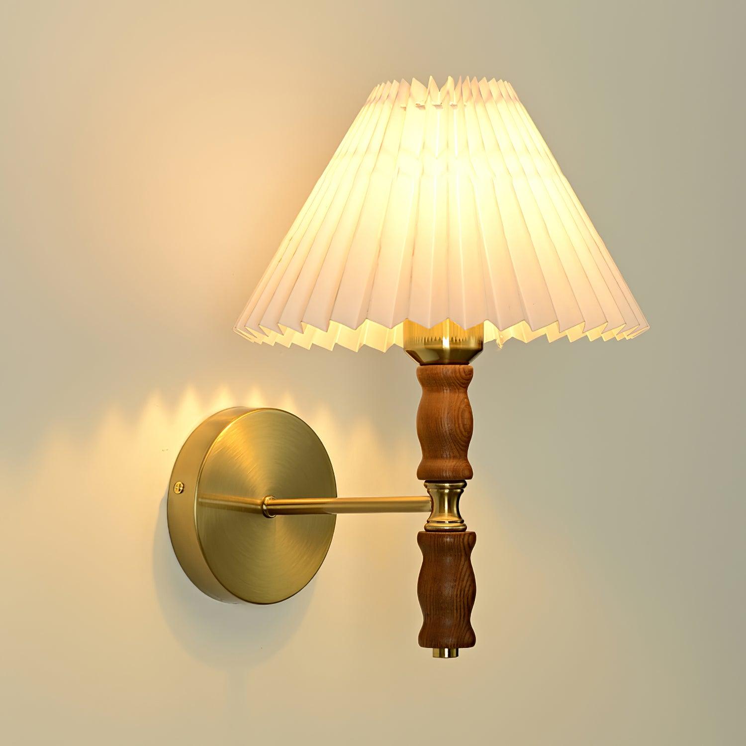 Modern Mid Century Walnut Wood Wall Sconce with Pleated White Linen Shade