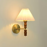 Modern Mid Century Walnut Wood Wall Sconce with Pleated White Linen Shade