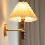 Modern Mid Century Walnut Wood Wall Sconce with Pleated White Linen Shade