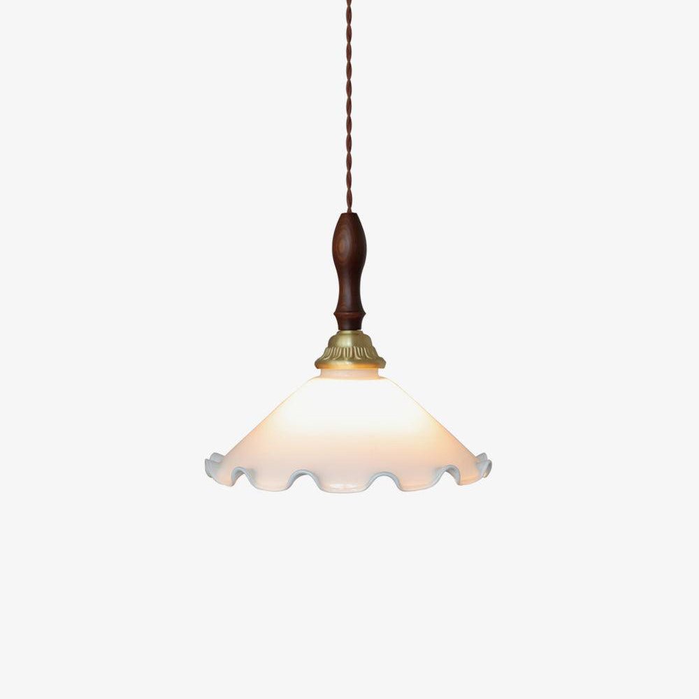 Modern Milky Flower Glass Pendant Light with Brass and Ash Wood Accents