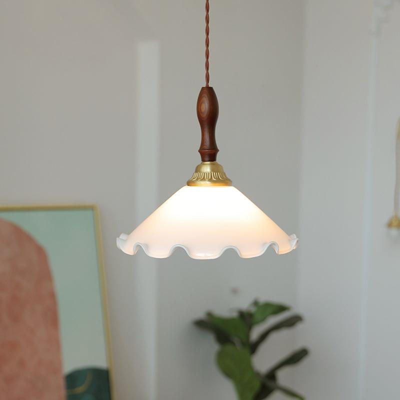 Modern Milky Flower Glass Pendant Light with Brass and Ash Wood Accents