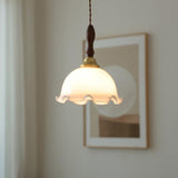 Modern Milky Flower Glass Pendant Light with Brass and Ash Wood Accents