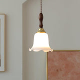 Modern Milky Flower Glass Pendant Light with Brass and Ash Wood Accents