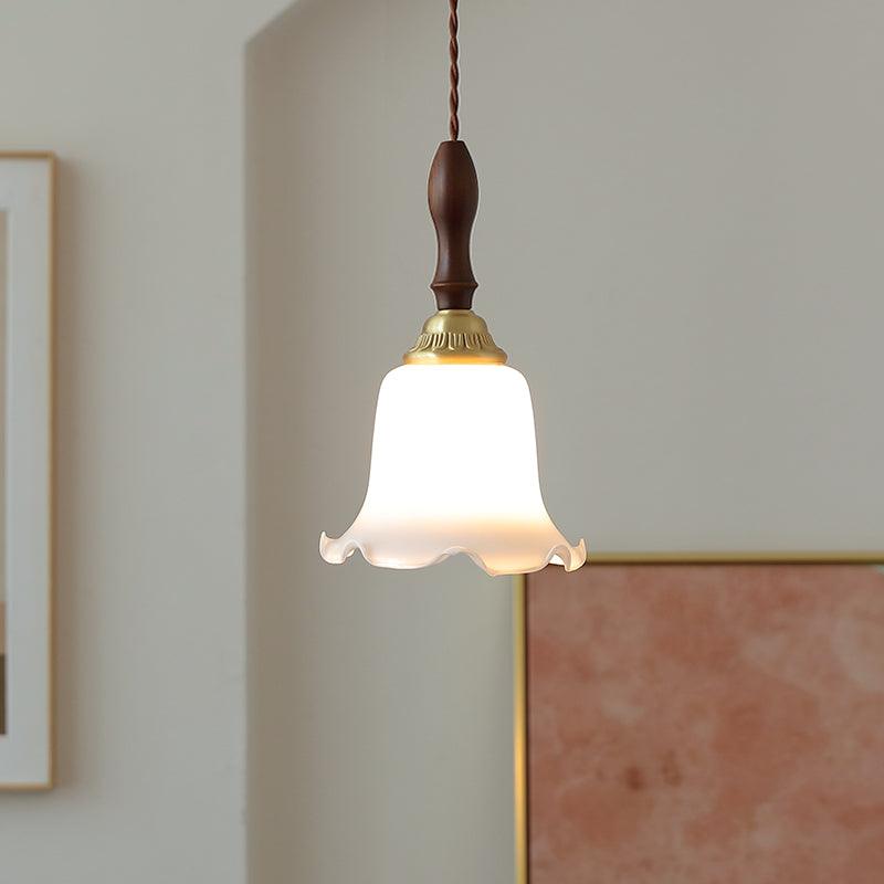 Modern Milky Flower Glass Pendant Light with Brass and Ash Wood Accents