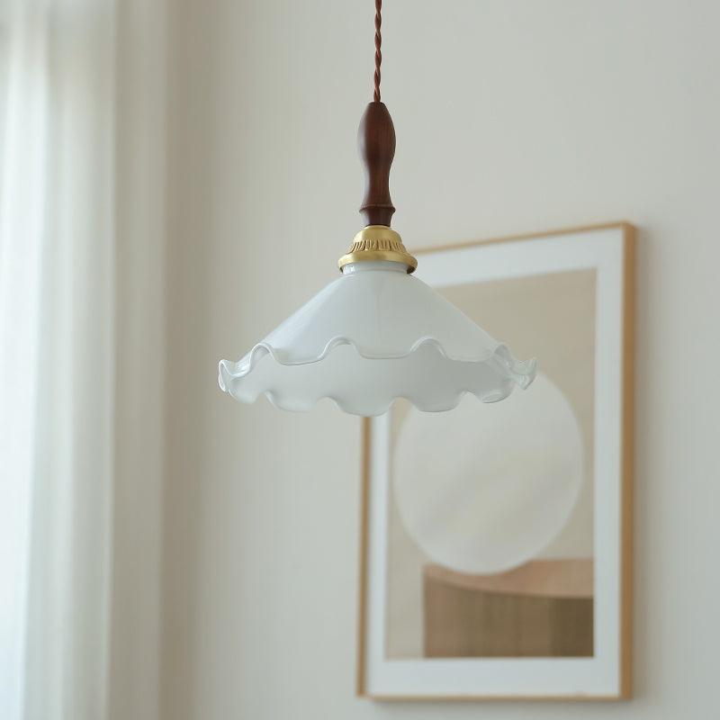 Modern Milky Flower Glass Pendant Light with Brass and Ash Wood Accents