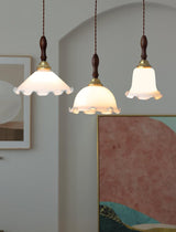 Modern Milky Flower Glass Pendant Light with Brass and Ash Wood Accents