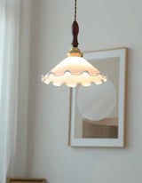 Modern Milky Flower Glass Pendant Light with Brass and Ash Wood Accents