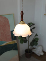 Modern Milky Flower Glass Pendant Light with Brass and Ash Wood Accents
