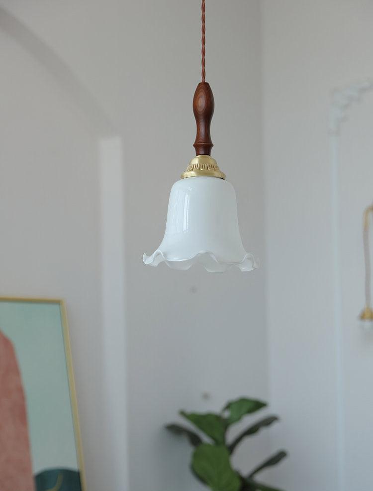 Modern Milky Flower Glass Pendant Light with Brass and Ash Wood Accents