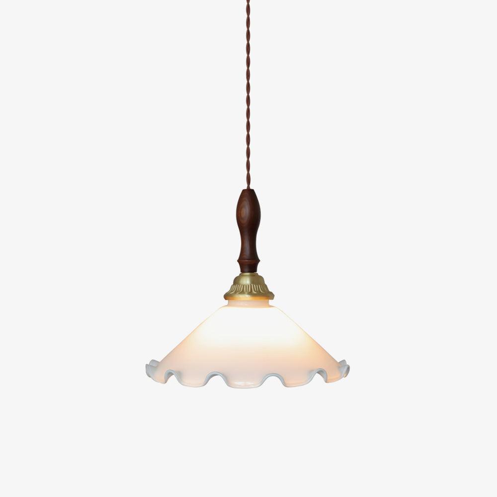Modern Milky Flower Glass Pendant Light with Brass and Ash Wood Accents