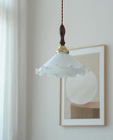 Modern Milky Flower Glass Pendant Light with Brass and Ash Wood Accents