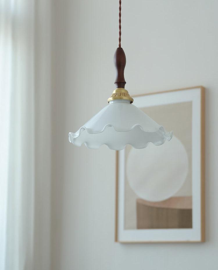 Modern Milky Flower Glass Pendant Light with Brass and Ash Wood Accents