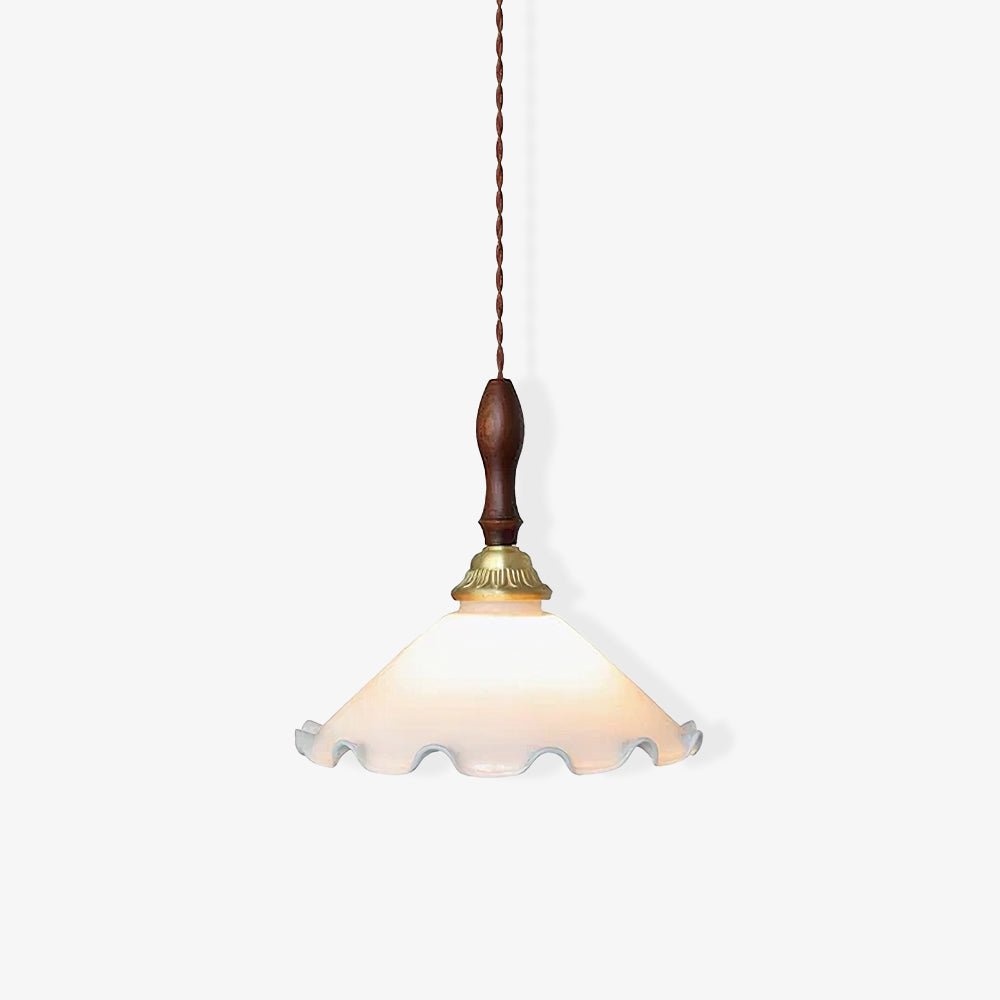 Modern Milky Flower Glass Pendant Light with Brass and Ash Wood Accents
