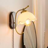 Modern Milky Flower Wall Sconce with Glass Shade and Wood Base Indoor Wall Lamp Set of Two