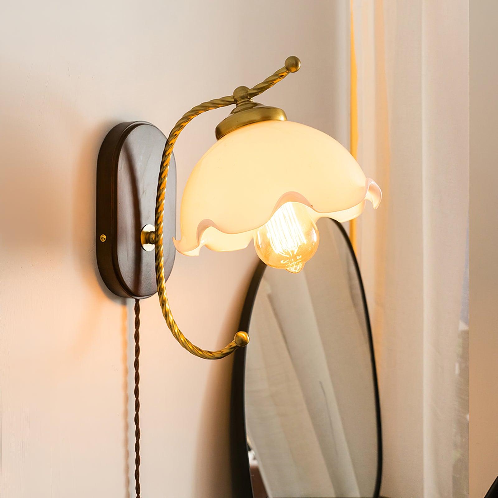 Modern Milky Flower Wall Sconce with Glass Shade and Wood Base Indoor Wall Lamp Set of Two